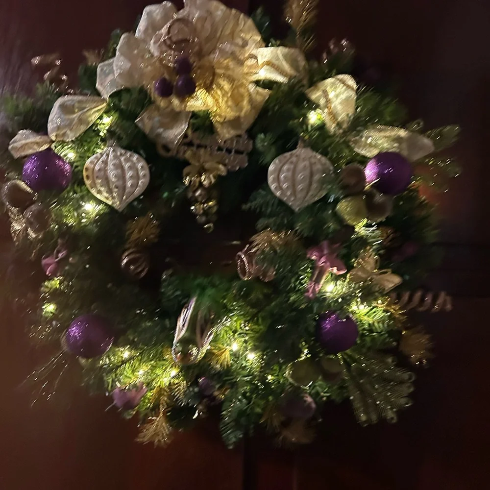 Elegant Holiday Wreath with Purple and Gold Accents
